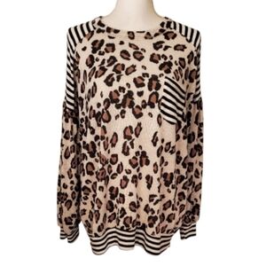 Lovely J Leopard And Stripe Contrast Print Top Long Sleeve Soft Knit Size L